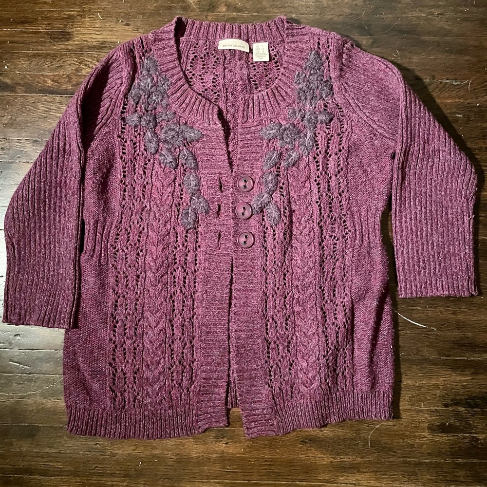 DKNY purple cardigan sz L with flower detail, 3/4 length sleeves, 3 button